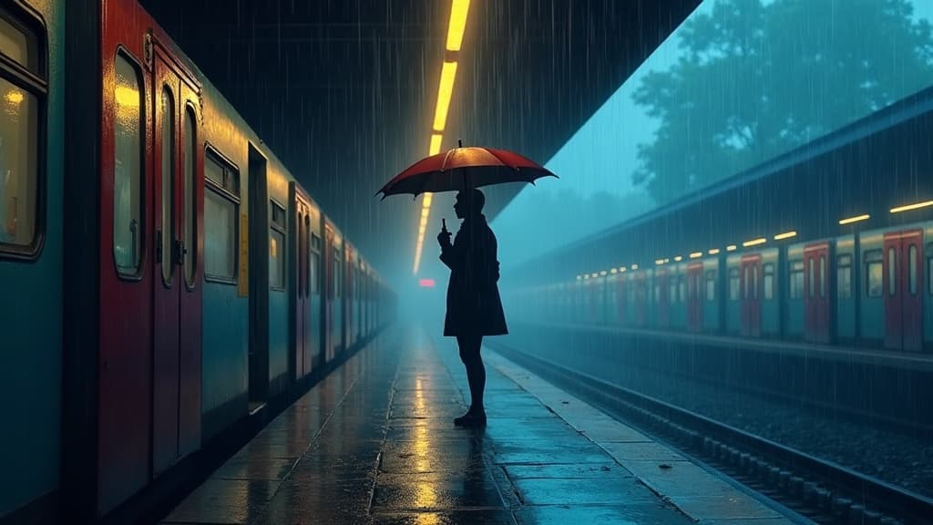 Obraz wygenerowany przez AI: peron w deszczu, jedna postać z parasolem