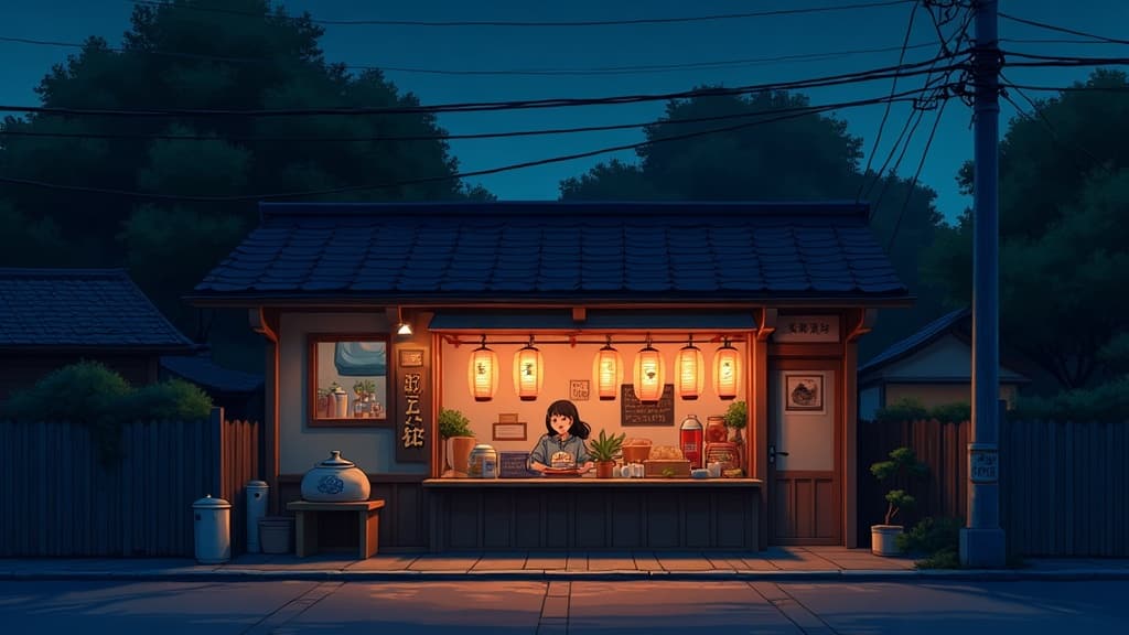 Obraz wygenerowany przez AI: mały bar ramen pod papierowymi lampionami nocą