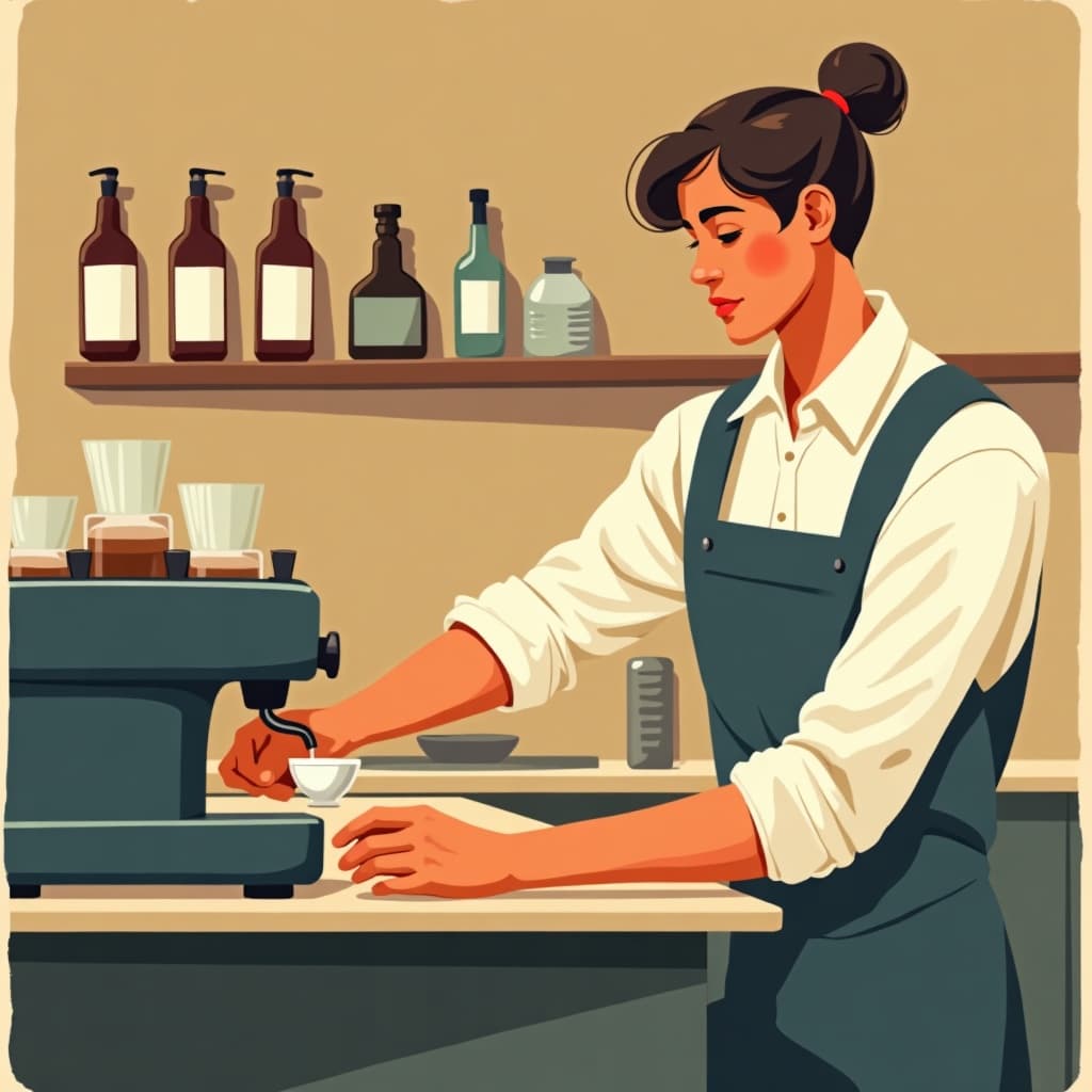 Obraz wygenerowany przez AI: barista zaparzający espresso za ladą