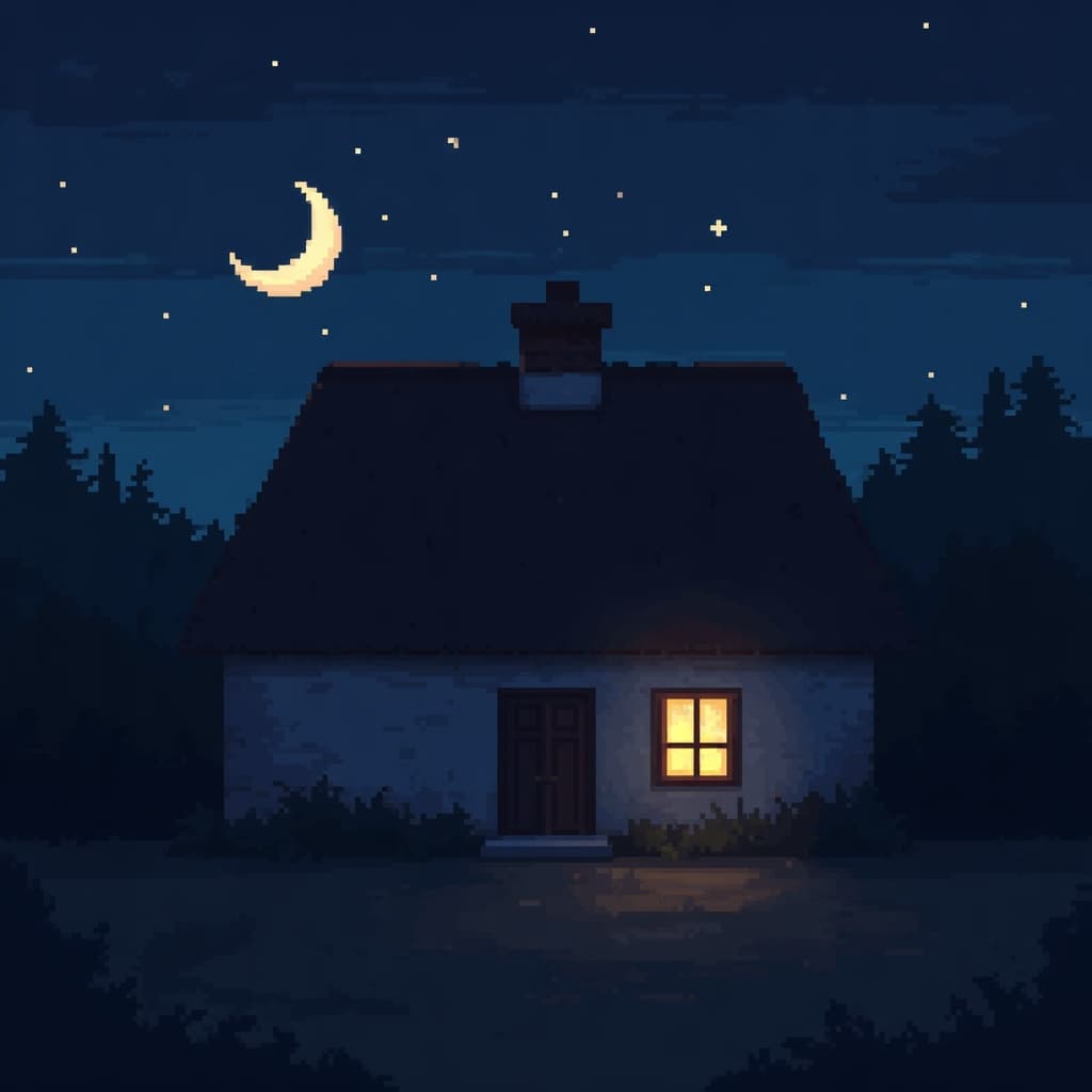 Ein KI-generiertes Bild: ein Cottage bei Nacht mit einem erleuchteten Fenster und Mondsichel