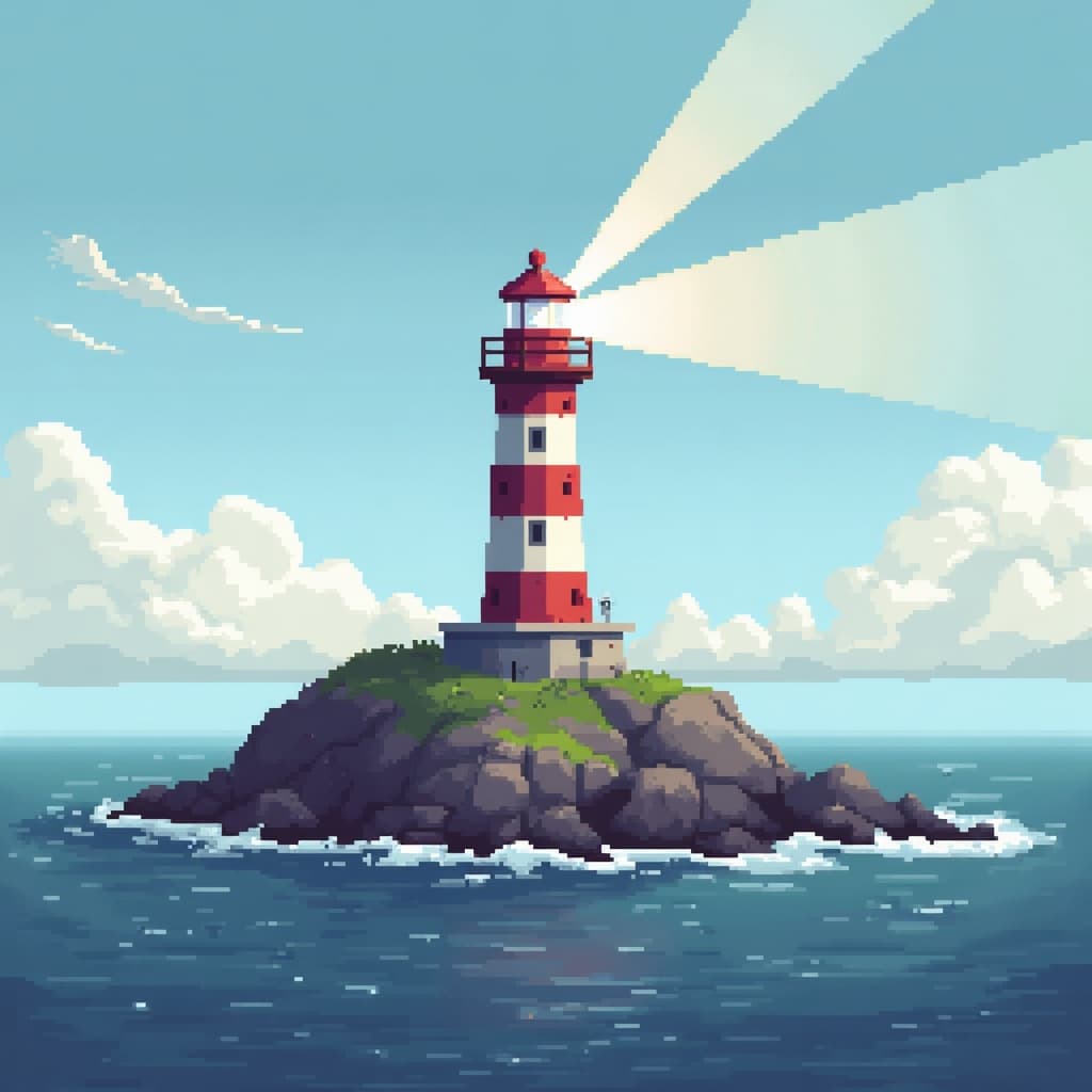 Ein KI-generiertes Bild: ein Leuchtturm auf felsiger Landspitze mit schwenkendem Strahl