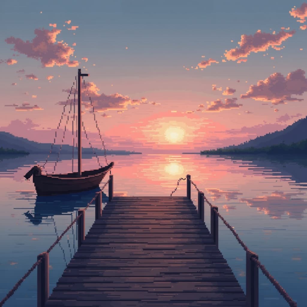 Ein KI-generiertes Bild: ein kleines Boot, im Morgengrauen an einem Holzsteg vertäut