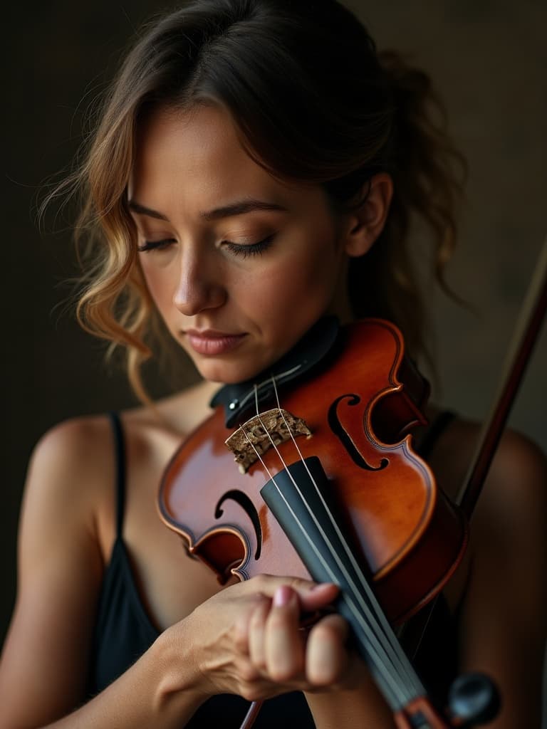 Et AI-genereret billede: en violinist der holder instrumentet i hvile, øjnene sænket