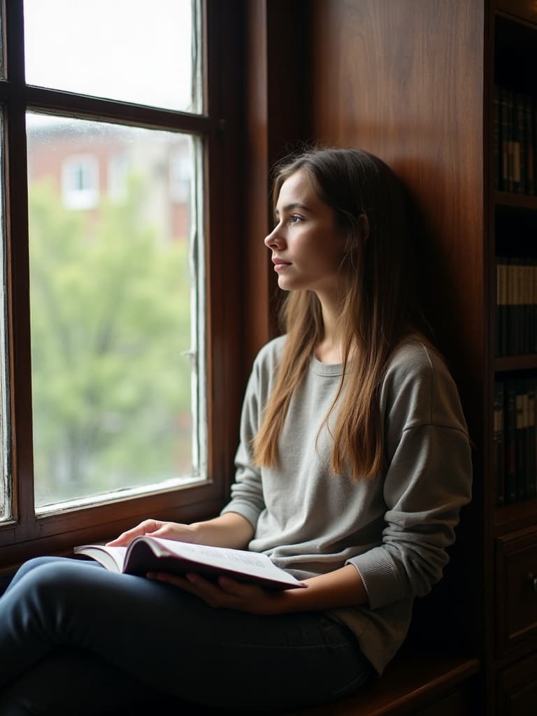 Obraz wygenerowany przez AI: student na okiennym siedzisku w bibliotece, zamknięta książka na kolanach