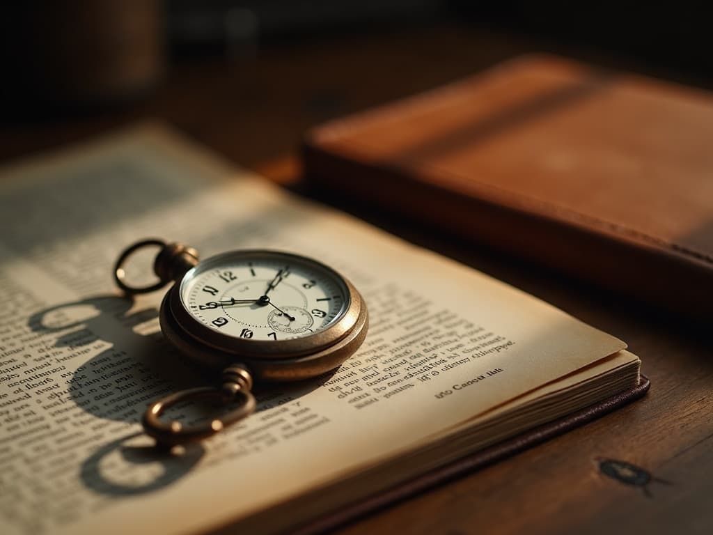 Obraz wygenerowany przez AI: otwarty zegarek kieszonkowy obok skórzanego notesu