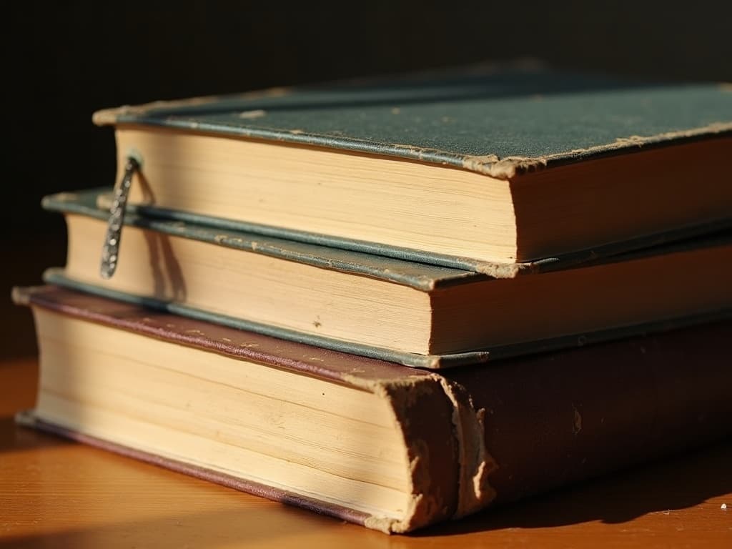 Obraz wygenerowany przez AI: stos zniszczonych książek w twardej oprawie z wystającą zakładką