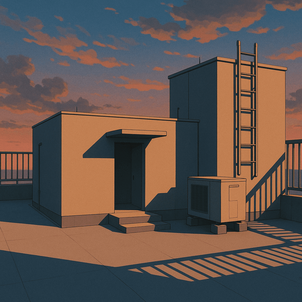 Une illustration en cel-shading d’un toit au crépuscule, avec des formes d’ombre aux bords nets et des aplats de couleur unie