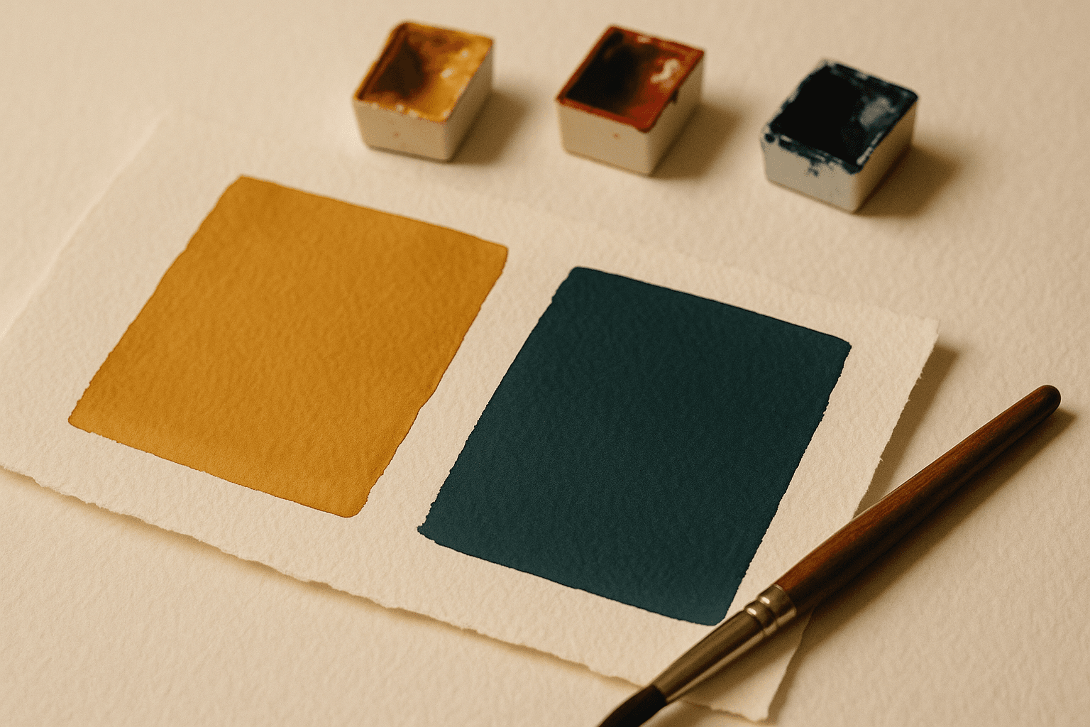 Művészasztal felülről gouache festékcsészékkel, festékkel telt ecsettel és száradó okker- és mély petrolkék színmintákkal