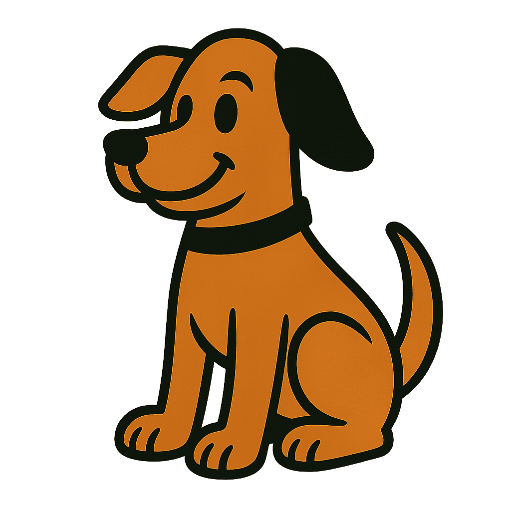 Ein flacher Vektor-Cartoon eines Hundecharakters mit gleichmäßig dicken Konturen und begrenzter Palette