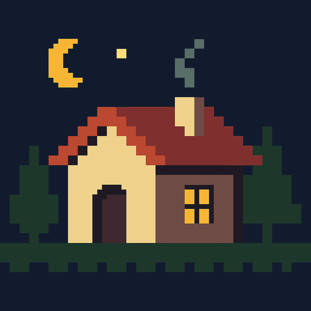 Eine 64×64-Pixel-Art-Szene eines Häuschens bei Nacht auf einem sichtbaren Raster mit begrenzter Palette