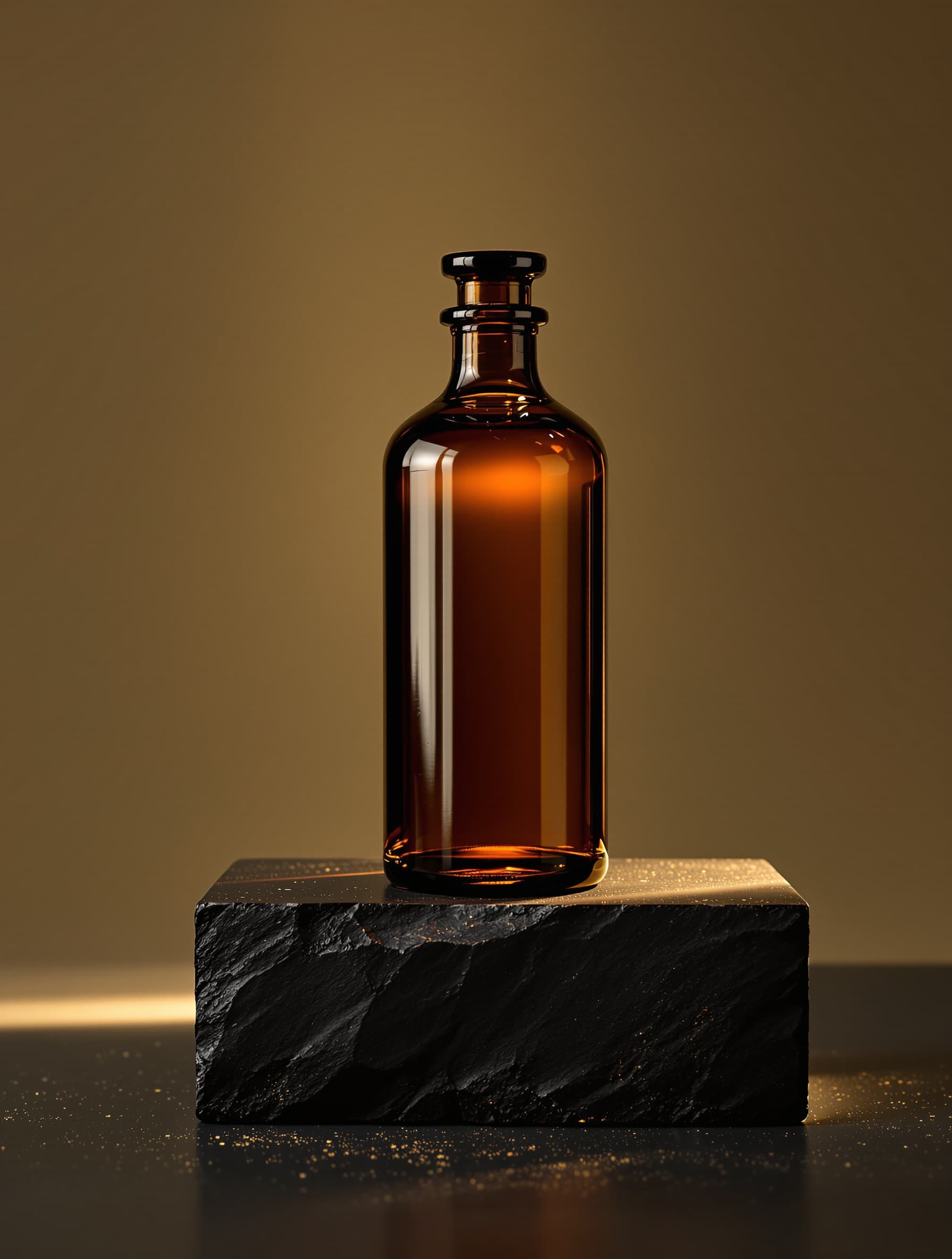 An AI-generated product photograph of an amber glass bottle on dark stone, raked by a warm key light