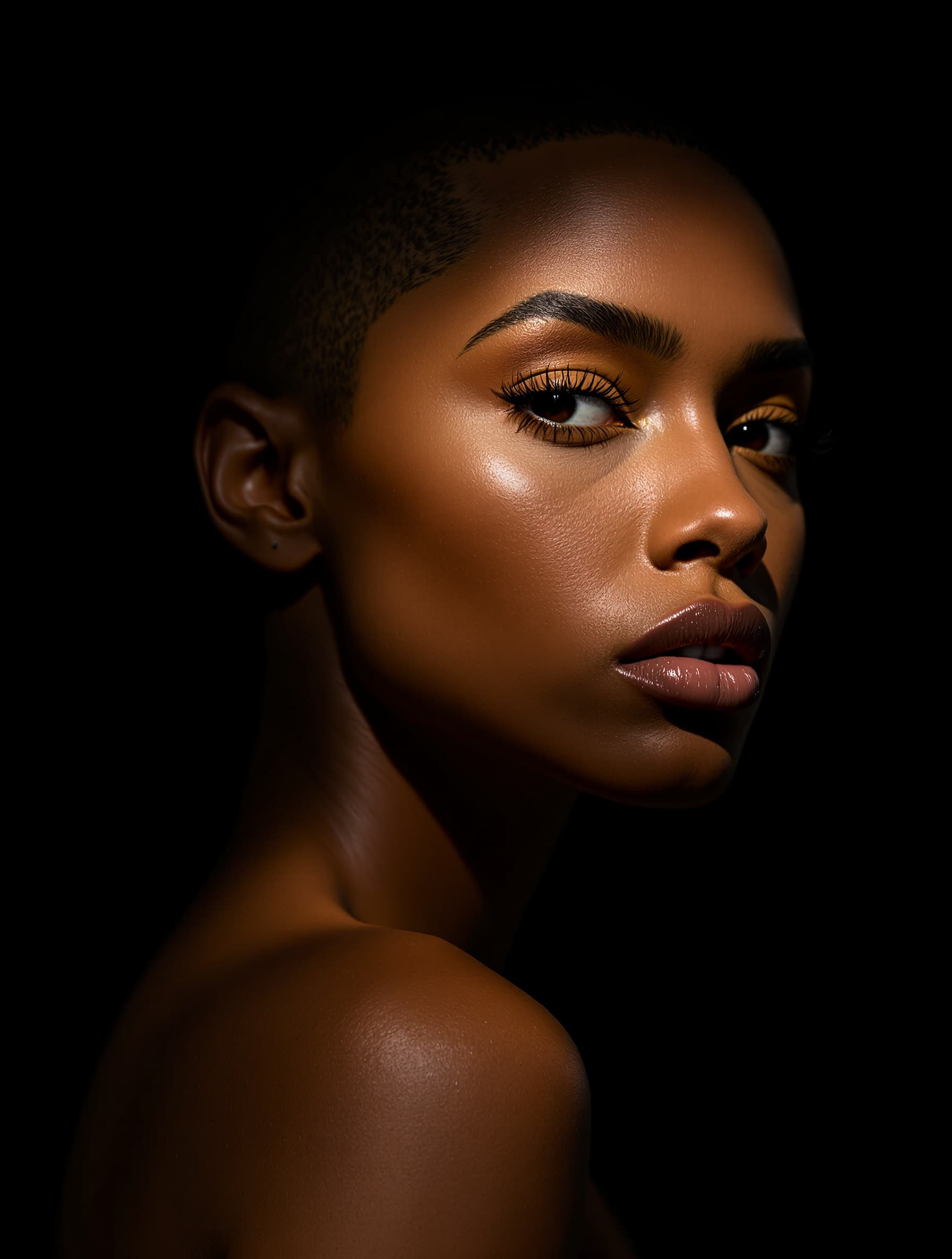 An AI-generated editorial portrait lit by a single warm key from camera left, falling into deep shadow