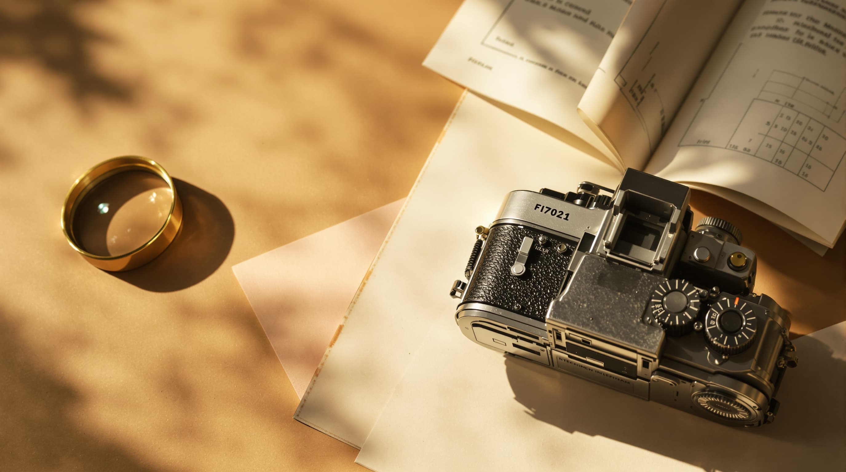 L’arrière d’un appareil moyen format vintage sur papier ton chaud, à côté d’une loupe en laiton et d’un schéma technique plié