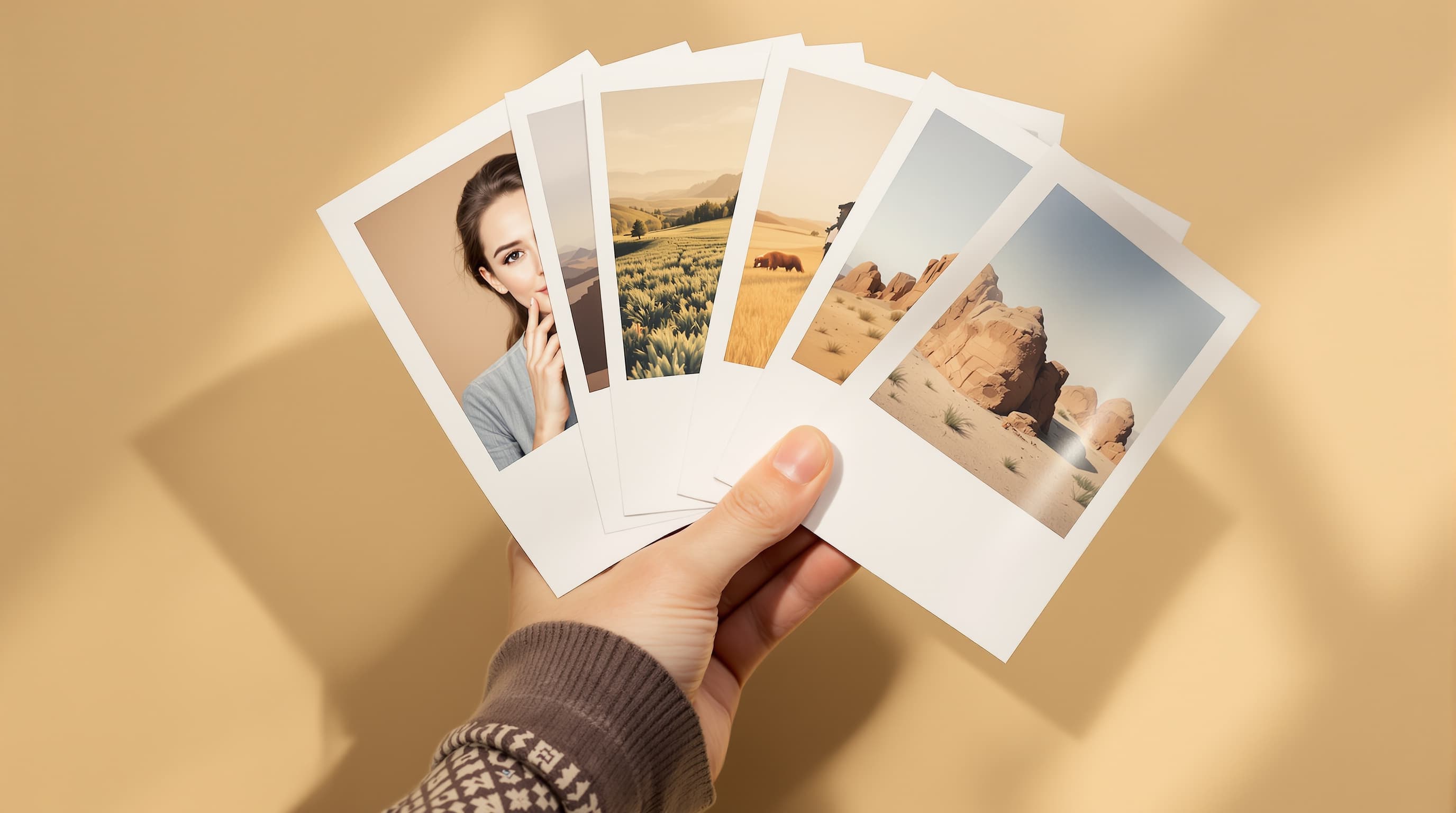 Six printed photographs fanned in one hand over warm paper — a portrait, a product, a landscape, a graphic, a cartoon and a pixel grid