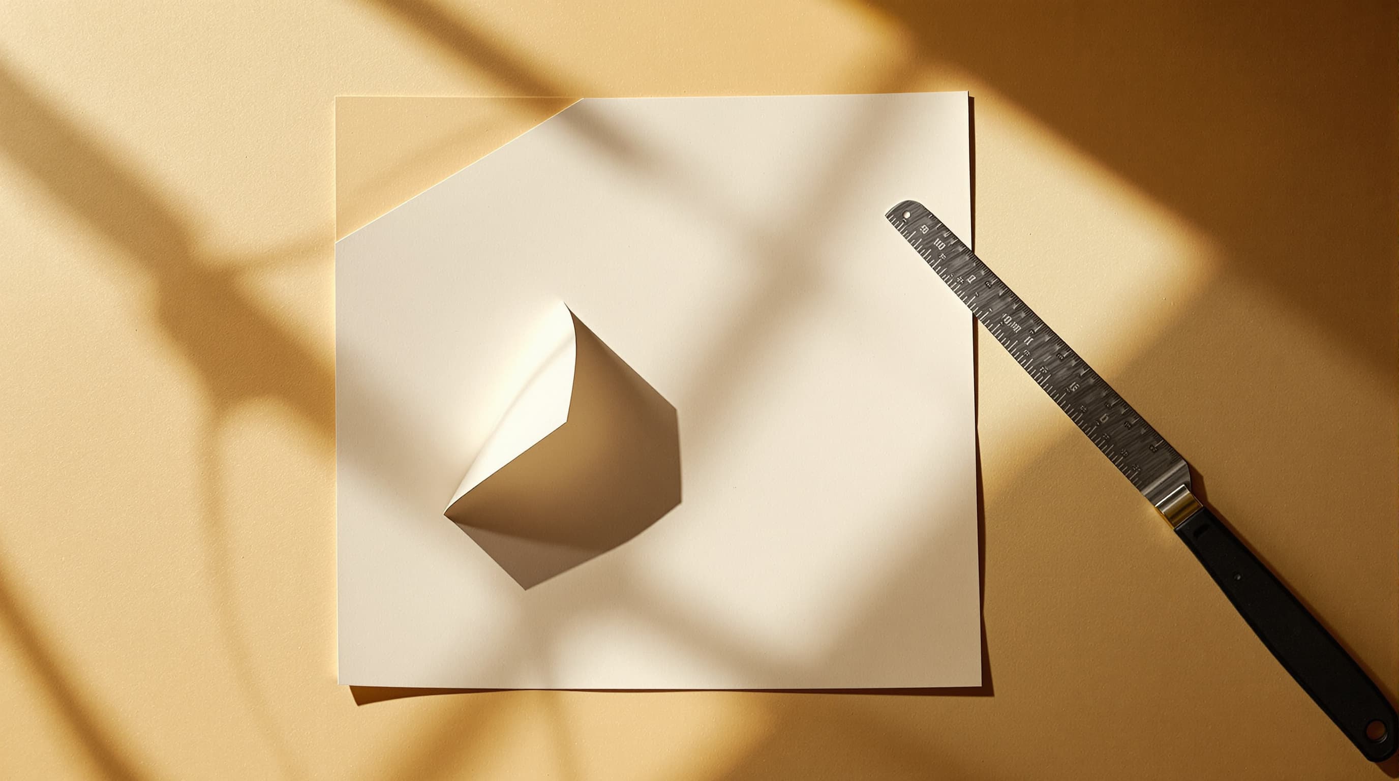 Abzug auf warmem Papier mit einer Papiermaske über einer Ecke, daneben Skalpell und Stahllineal