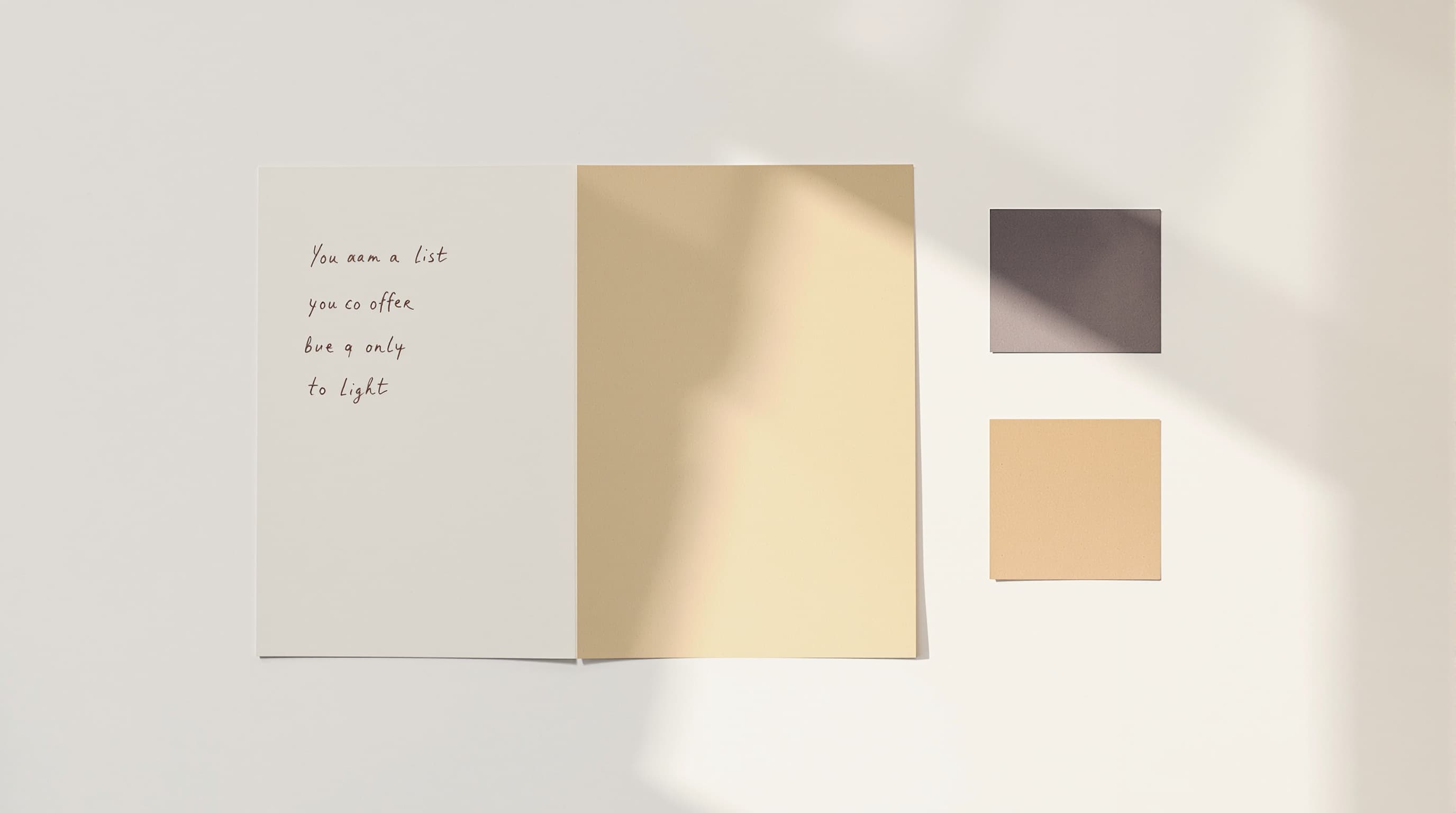 Handgeschriebene Liste auf warmem Papier neben drei kleinen Abzügen, die sich nur im Licht unterscheiden