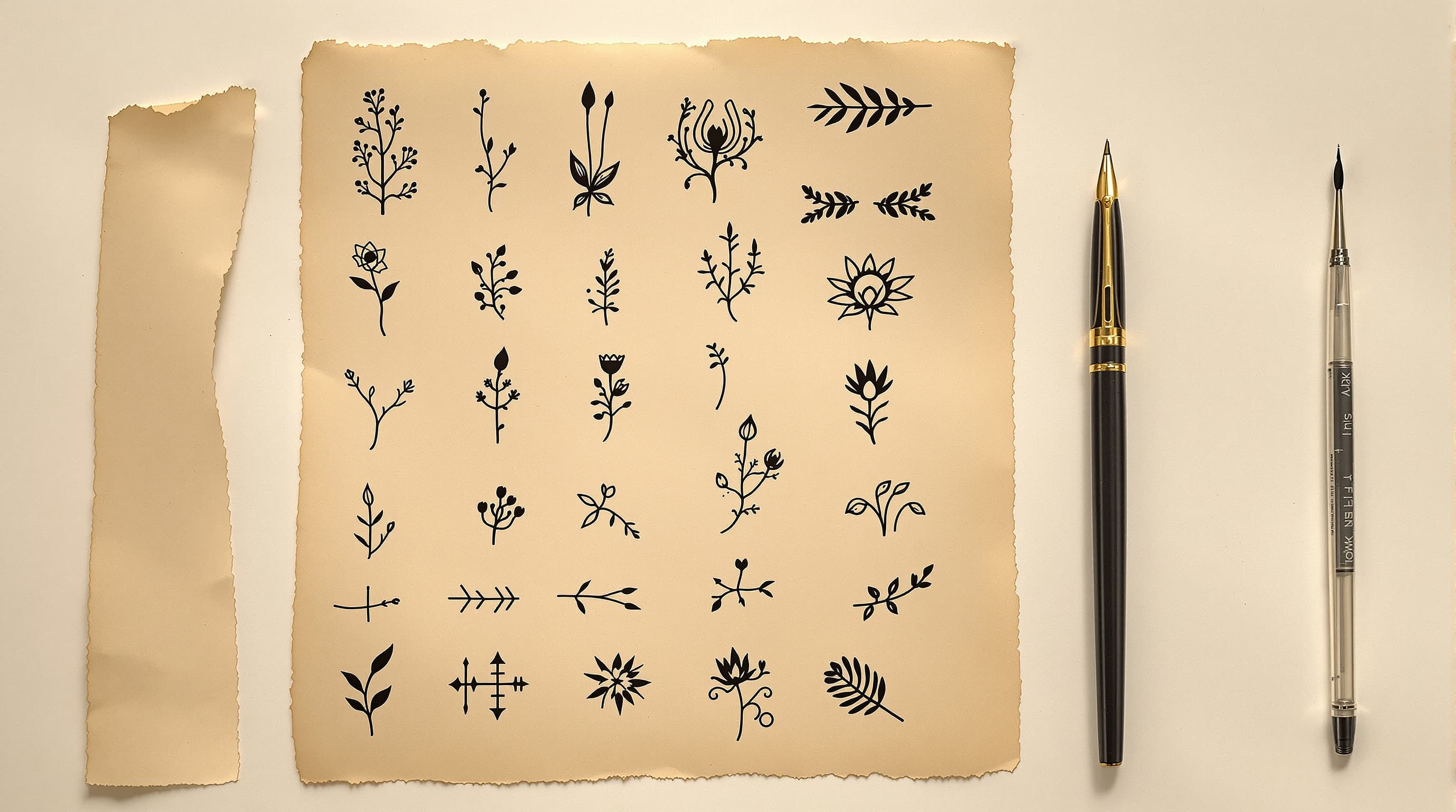 Arkusz tattoo flash na ciepłym, postarzanym papierze z odważnymi czarnymi rysunkami w siatce, obok piórko i kałamarz